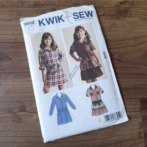 Girls Dress Sewing Pattern Dropped Waist Shirt Collar Size 4-14 Kwik Sew 3832